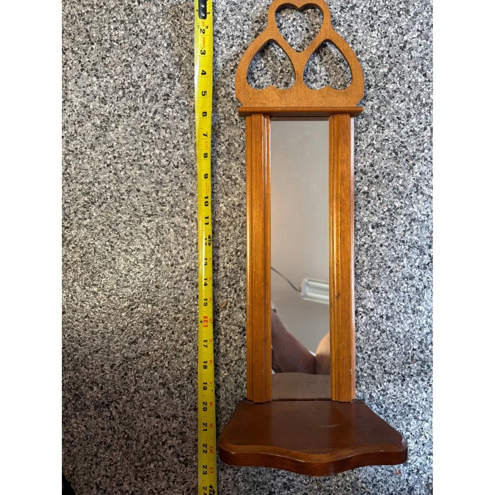 Vintage Wood Wall Mirror with Heart Cutout Crest and Shelf Brown Country Decor
